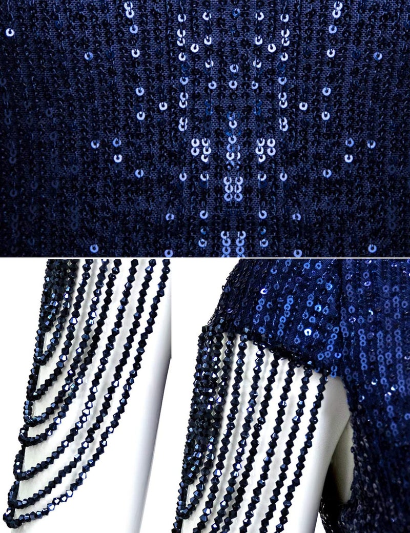 Meilun Women's V Neck Sequin Formal Evening Dress Tassel Bead Sleeve Mermaid Long Gown 1920S Party Maxi Military Dress (Blue, M) - Image 5